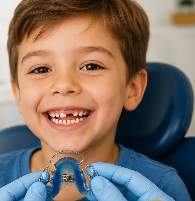 Menino sorrindo, sem um dos dentes de leite, segurando um aparelho ortodôntico removível azul