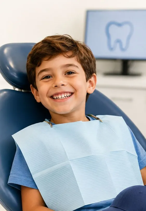 Menino sorrindo na cadeira odontológica com babador descartável, monitor com desenho de dente ao fundo