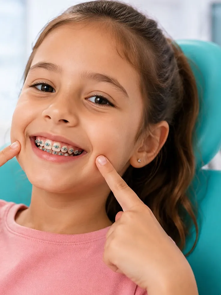 Menina sorrindo na cadeira odontológica apontando para o aparelho fixo nos dentes